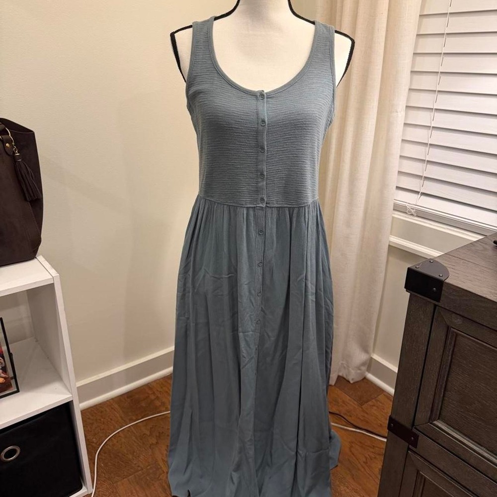 Frye Womens Blue Ribbed Button Front Sleeveless Mixed Media Maxi Dress XS
